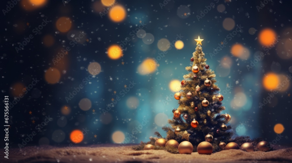 Sparkling Christmas Tree and Shiny Baubles. Festive Banner with Text Space Sparkling Christmas Tree and Shiny Baubles. Festive Banner with Text Space