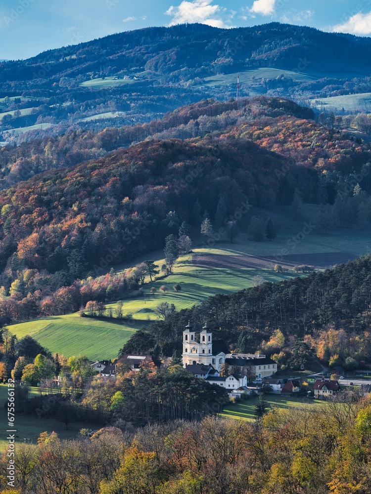 Beautiful autumn view from Peilstein mountain on the hills and nature around, Austria