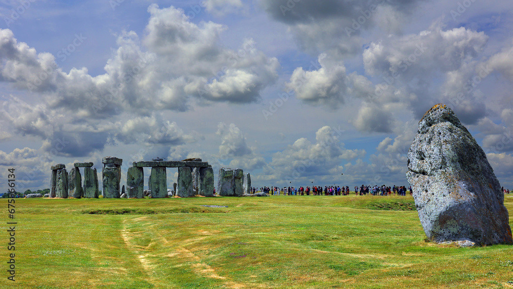 Stonehenge is a prehistoric monument on Salisbury Plain in Wiltshire. It consists of an outer ring of vertical sarsen standing stones. Inside is a ring of smaller bluestones.