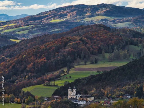 Beautiful autumn view from Peilstein mountain on the hills and nature around, Austria