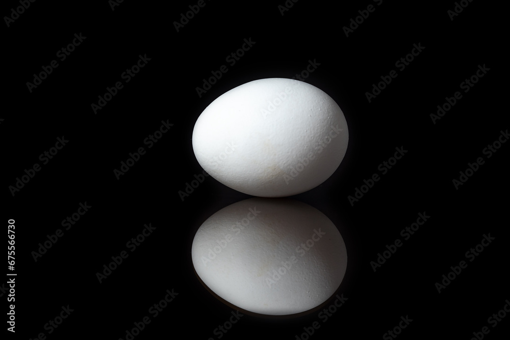 Single white chicken eggs on black background with reflection Single white chicken eggs on black background with reflection