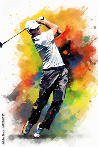 poster of young man playing gold and hitting ball, person kick and golfing, watercolor banner illustration