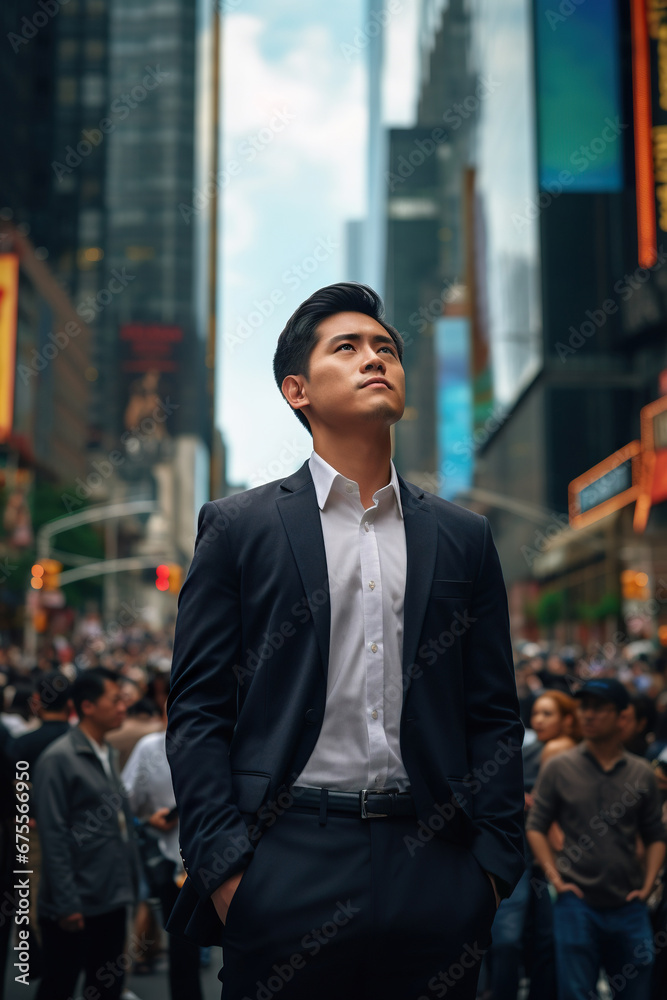 young asian businessman standing at city skyscrapers background and looking in future, entrepreneur planning business