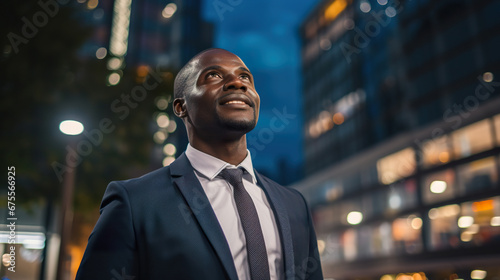 young african american businessman standing at city skyscrapers background and looking in future, entrepreneur planning business photo