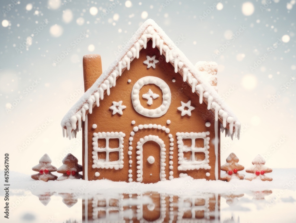 Christmas gingerbread house decoration with bokeh background.