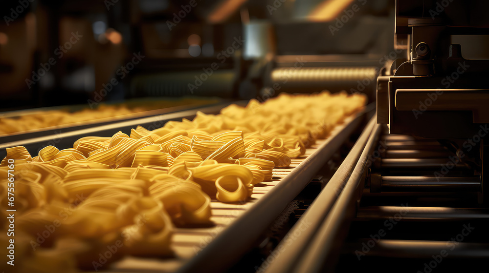 Pasta producing process, conveyor belt with raw pasta before packing. Pasta production plant, close-up. 