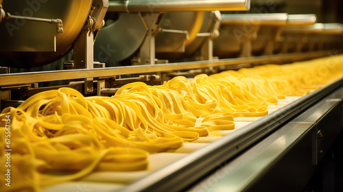 Pasta producing process, conveyor belt with raw pasta before packing. Pasta production plant, close-up. 
