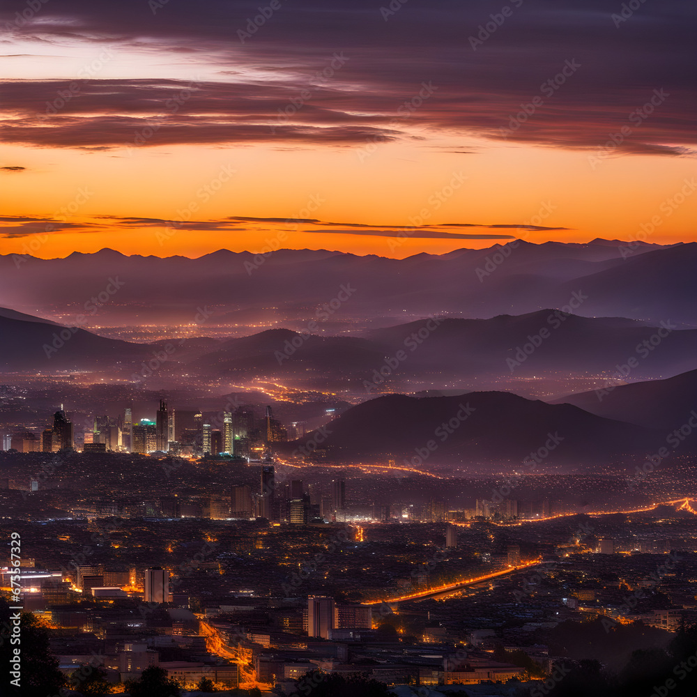 Obraz premium Metropolis surrounded by mountains in sunset