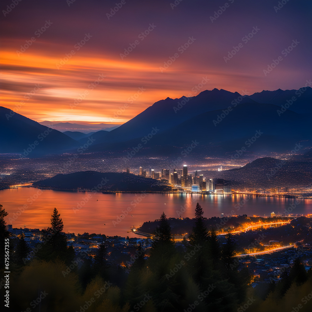Metropolis surrounded by mountains and lake in the sunset