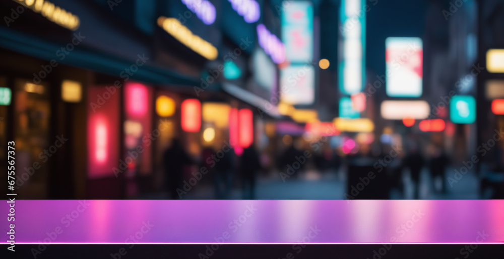 Sleek purple surface with dynamic city lights in the blurred background; ideal for technology-themed placements or digital ads. - obrazy, fototapety, plakaty 