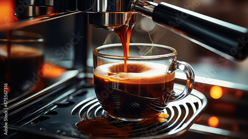 Close-up of a working coffee machine pouring fresh flavored coffee into a mug. Kitchen appliances, modern coffee maker. 