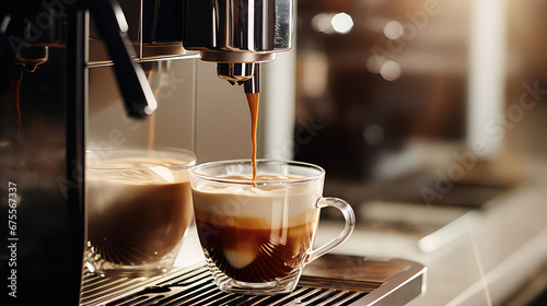 Close-up of a working coffee machine pouring fresh flavored coffee into a mug. Kitchen appliances, modern coffee maker.  photo
