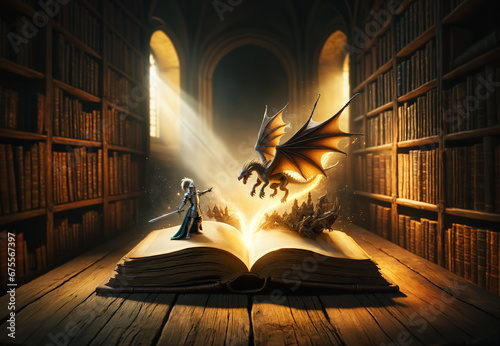 An ancient book on a wooden table springs to life with a knight and dragon leaping from the pages, shadowed by magic