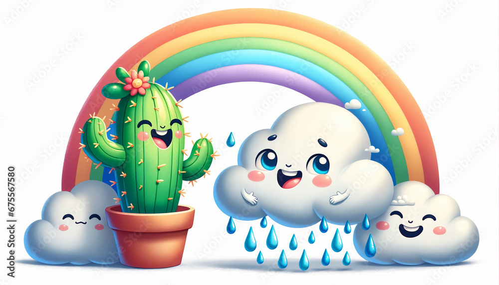 Fototapeta premium Friendly cactus and bubbly rain cloud share stories under a rainbow, celebrating friendships that defy nature's norms in children's tales.