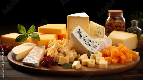 collection of different fresh yellow cheese, camembert, brie, parmesan, gouda and gorgonzola slices with nut and grape