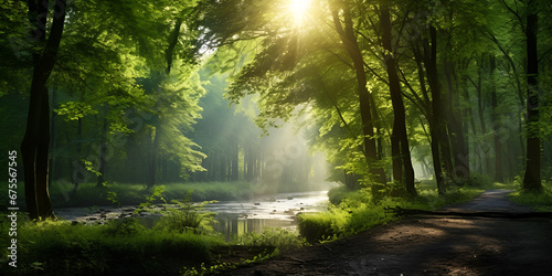 Beautiful green forest with good light,,, Serenity in the Green Woodlands Generative Ai