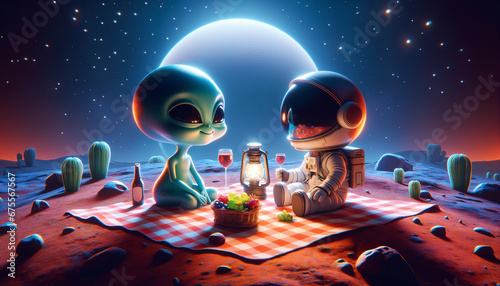 Playful alien and curious astronaut share a picnic on an alien planet, highlighting unexpected companionship in a futuristic setting.