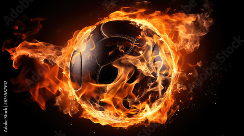 An intense and dramatic image capturing a sport ball engulfed in flames against a stark black background, radiating energy and passion.