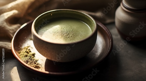 Generative AI, Green matcha tea powder and drink, muted neutral colors. Traditional Japanese tea 