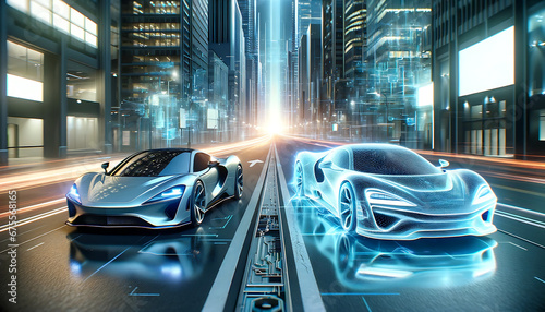 Digital twin concept of car. Wireframe rendering of sport car and mirrored physical body side by side. Vehicle 3d rendering and holographic representation on a futuristic urban background. © Tam