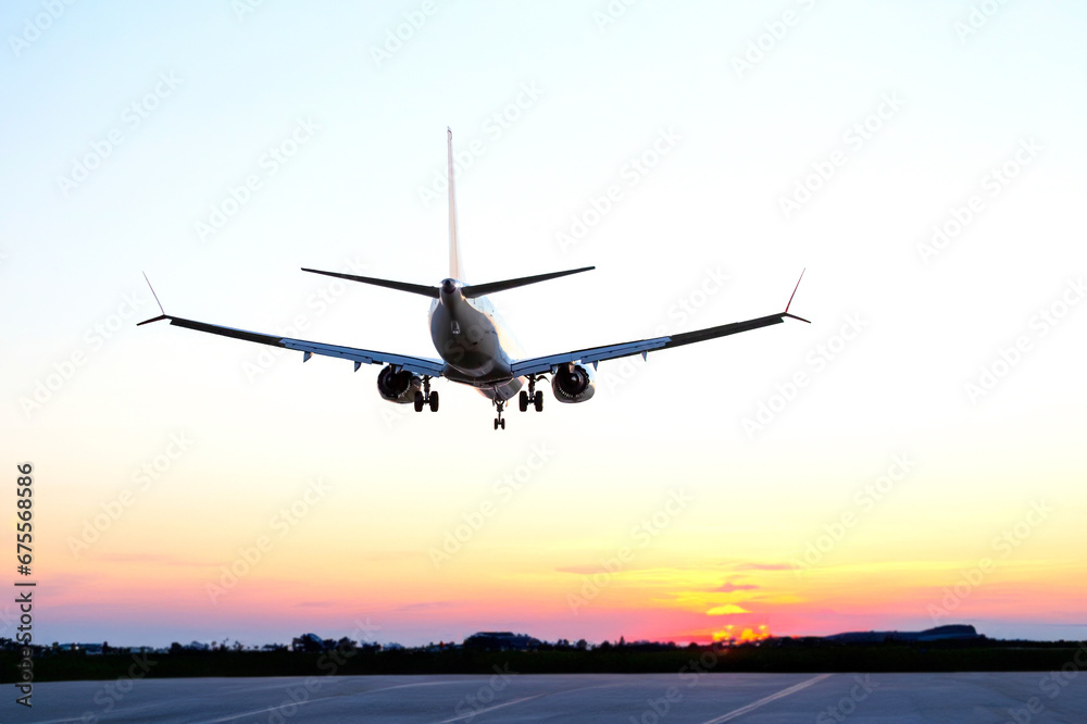 Passenger aircraft landing approach to the airport. Airplane flight in the sky.