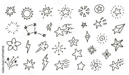 Doodle cute glitter pen line elements. Line movement element, emotion effect decoration icon. Set of simple hand-drawn decorative illustrations. Doodle sparkles, stars. Simple line style emphasis
