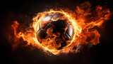This striking image features a sport ball blazing with fire against a deep black backdrop, symbolizing the intensity and fervor of sports.