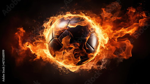 This striking image features a sport ball blazing with fire against a deep black backdrop, symbolizing the intensity and fervor of sports.