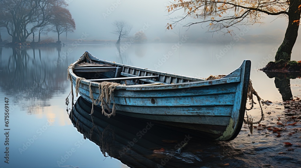 A small boat on a placid lake