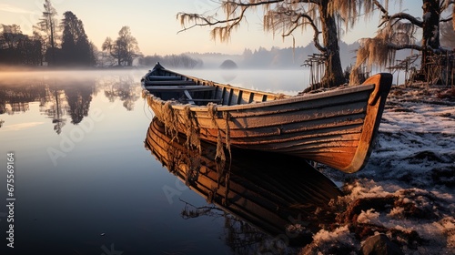 A small boat on a placid lake