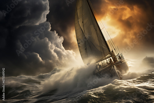 sail boat in a storm, stormy sailboat, sailing, ocean, sailing through a storm © MrJeans