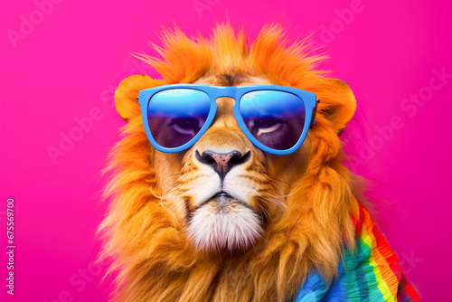 The King of Cool: Lion Rocking Sunglasses and a Colorful Rainbow Scarf © Nedrofly