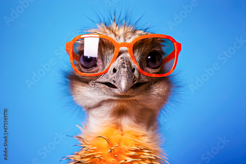 An Elegant Ostrich Sporting Vibrant Red Glasses Against a Serene Blue Background