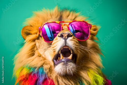 The Dapper King of the Savanna Strutting in Sunglasses and a Vibrant Ensemble