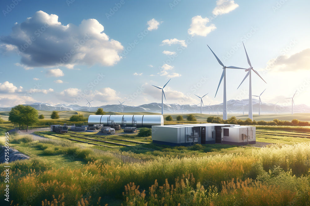 Modern battery energy storage system with wind turbines and solar Stock ... - Wind Energy Systems With Battery