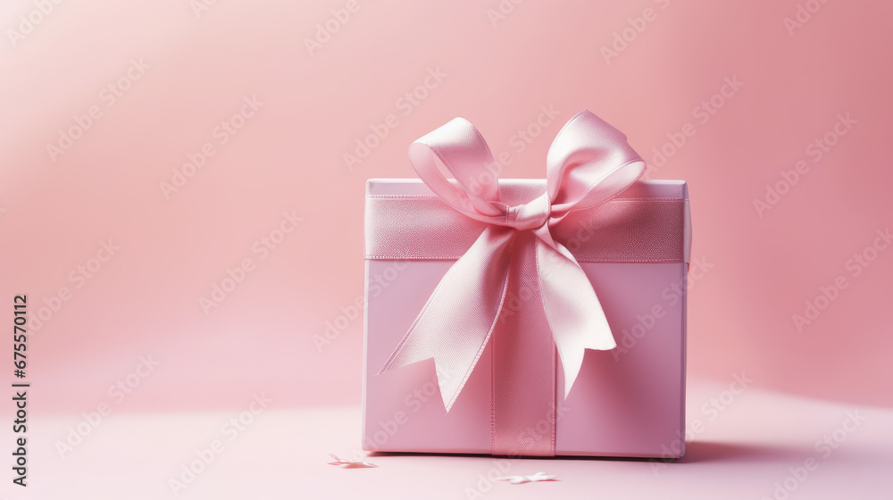 A pink gift box with a ribbon sits on a pale pink background, creating a romantic ambiance, perfect for birthday, anniversary, or gift card use. A pink gift box with a ribbon sits on a pale pink background, creating a romantic ambiance, perfect for birthday, anniversary, or gift card use.