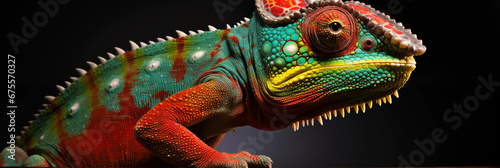 Closeup of colorful rainbow colored chameleon side profile view  highly detailed  macro photograph. Clear background