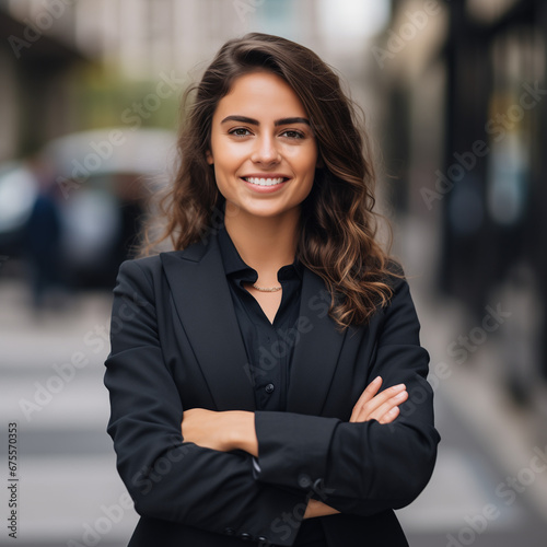 Young happy pretty smiling professional business woman, happy confident positive female entrepreneur standing outdoor on street arms crossed, looking at camera, Generative AI