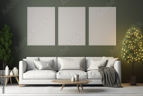Modern minimalistic stylish living room with large sofa and pillows. Сhristmas trees in pot, vases on wooden tables, three white poster frames on green wall background, mock up. New year home decor 