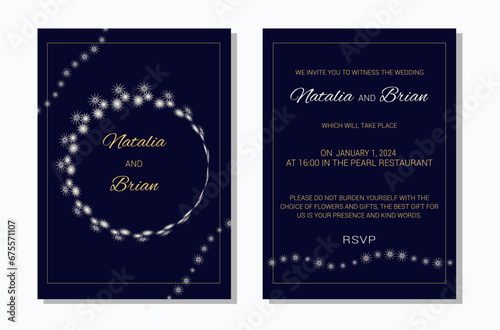 Wedding invitation layout template in winter theme. Snowflake decoration on a dark background golden text. Design of an invitation card. Vector illustration.