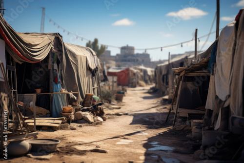 A refugee camp, emphasizing the humanitarian crisis and displaced populations. Generative Ai. photo
