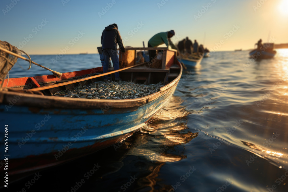 Fishermen heading out to sea early in the morning, highlighting their livelihoods. Generative Ai.