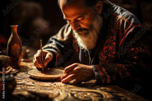 A calligrapher meticulously creating intricate Arabic scripts, highlighting the art of Arabic calligraphy. Generative Ai.