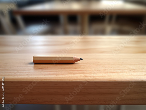 Detailed shot of a solitary wooden pencil on a clean desk.