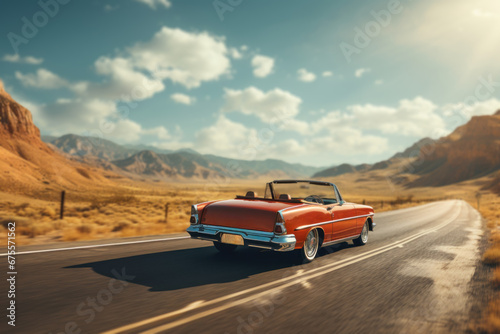 An American road trip with a convertible car and scenic views, representing the adventurous spirit of exploration. Generative Ai.