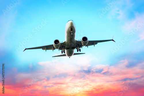 Passenger jet plane flies in the sky. Air transport industry © photosaint