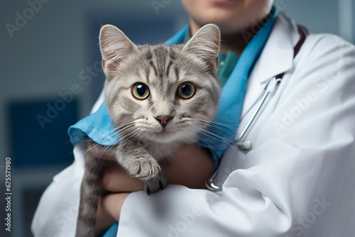 Grey Striped Cat in the Hands of a Veterinarian Doctor © Starmarpro
