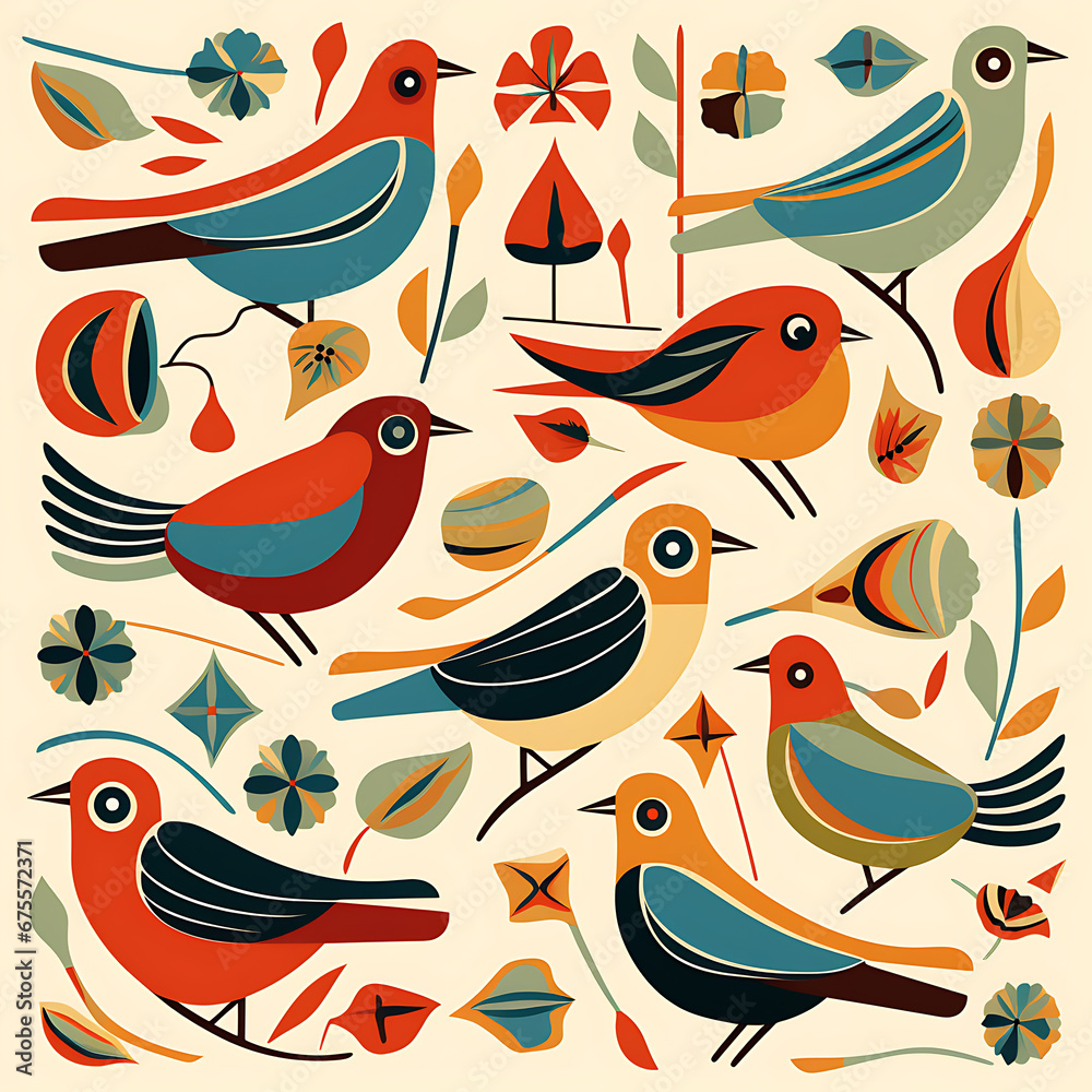 Fototapeta premium bird walpaper, wall art, background, illustrated birds, bird pattern, vintage wallpaper