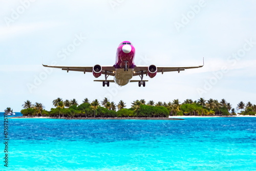 passenger plane flies over the palm trees of a tropical resort. air transport industry photo