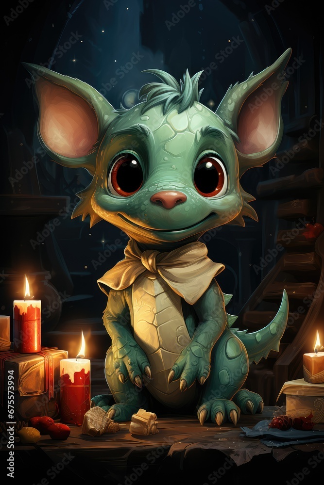 Cute cartoon green dragon with burning candles on New Year's Eve. The concept of Christmas. AI Cute cartoon green dragon with burning candles on New Year's Eve. The concept of Christmas. AI